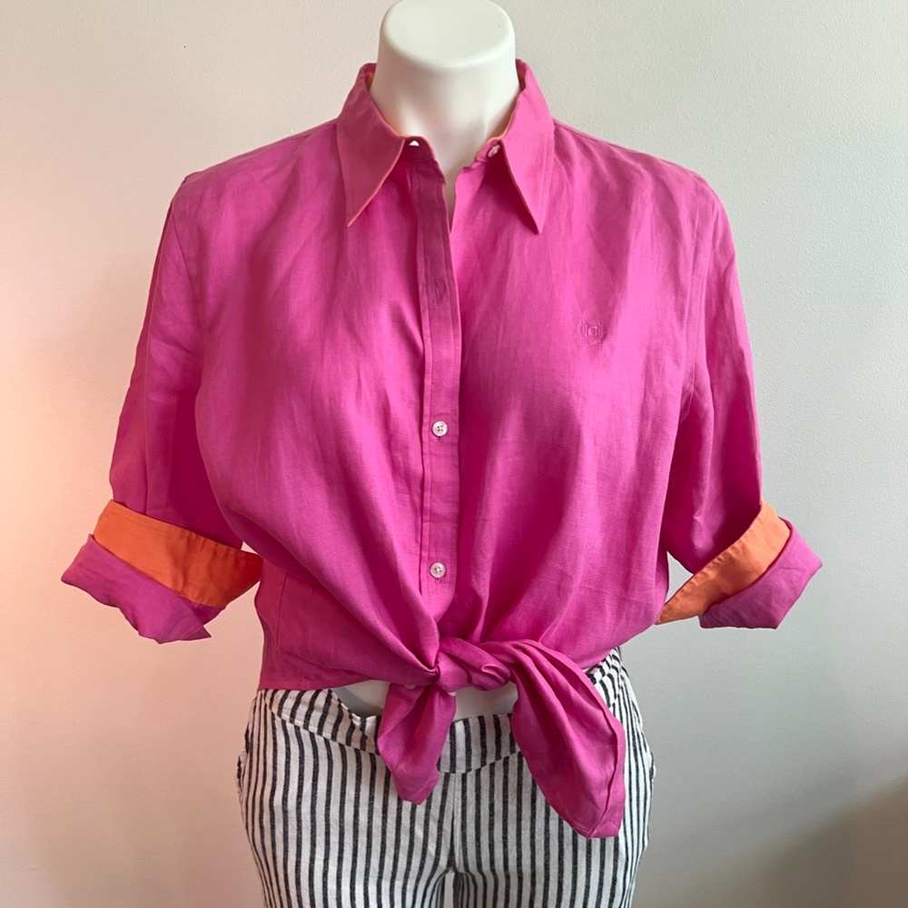 Chaps Classic Linen Retro Button Down In Hot Pink… - image 3